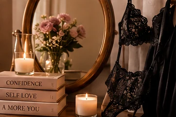 Editorial still life of dark lace beside a dressing-table mirror and flowers.